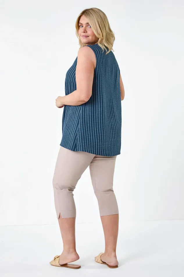 Women Navy Curve Stripe Print Linen Look VNeck Vest Top Roman Tops