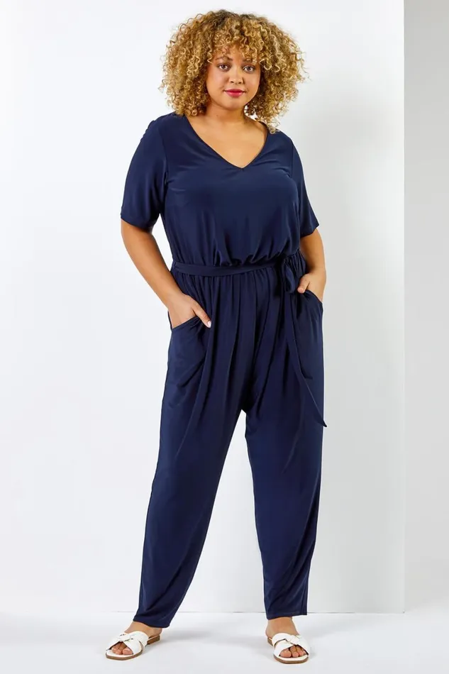 Women Navy Curve Tie Waist Jersey Jumpsuit Roman Dresses
