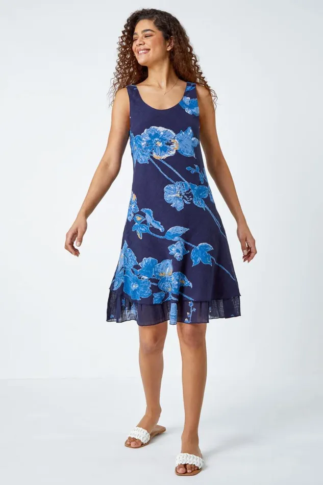 Women Navy Floral Print Cotton Layered Dress Roman Dresses
