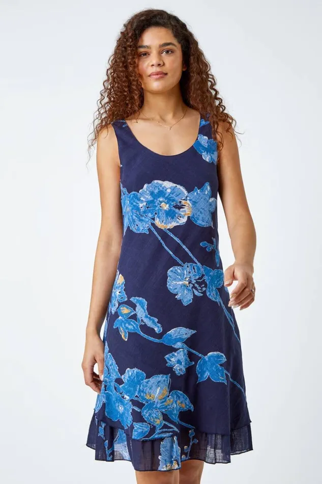 Women Navy Floral Print Cotton Layered Dress Roman Dresses