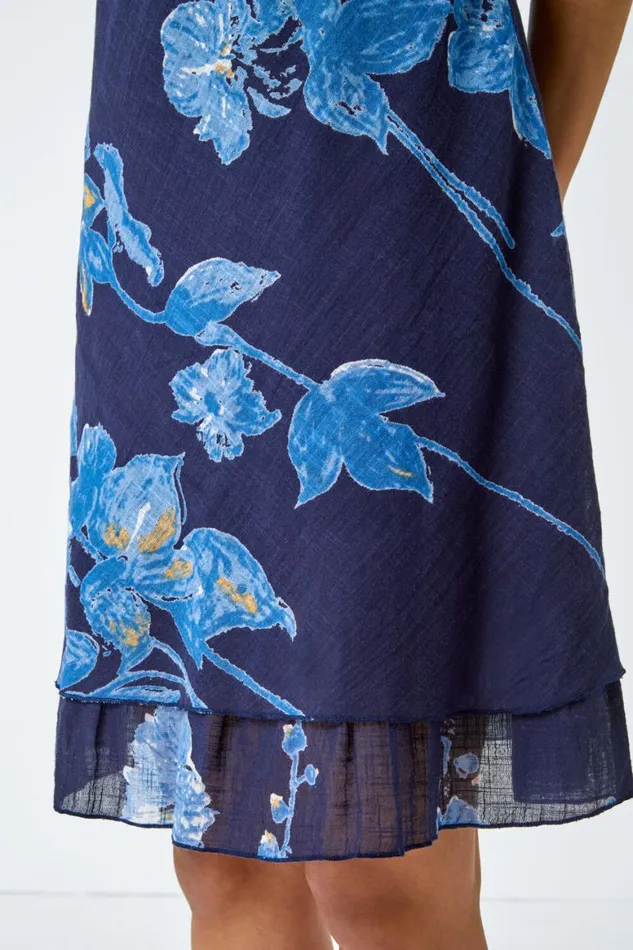 Women Navy Floral Print Cotton Layered Dress Roman Dresses