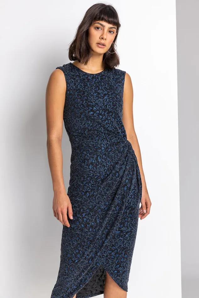 Women Navy Glitter Leopard Print Twist Midi Dress Roman Dresses