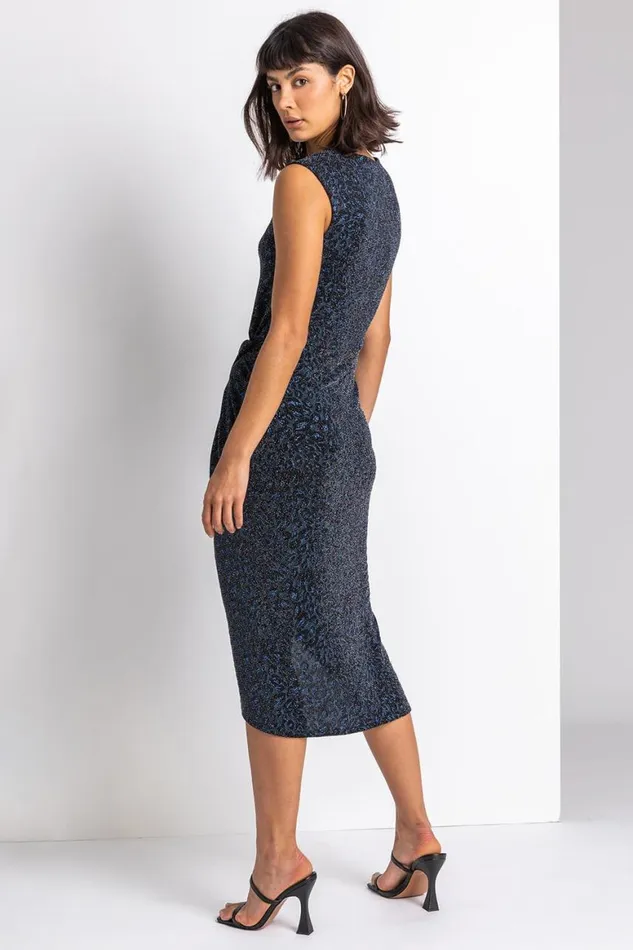 Women Navy Glitter Leopard Print Twist Midi Dress Roman Dresses