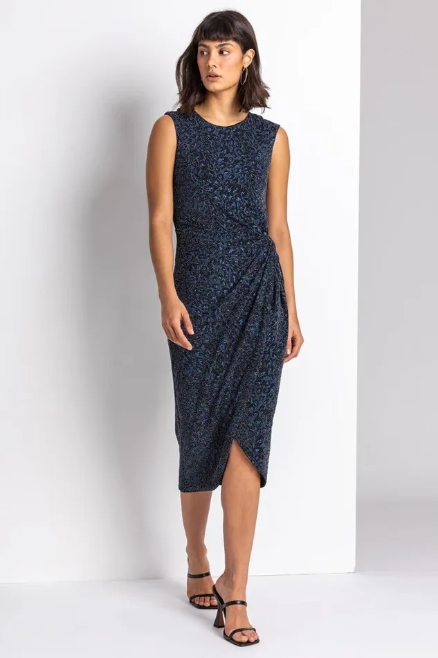 Women Navy Glitter Leopard Print Twist Midi Dress Roman Dresses