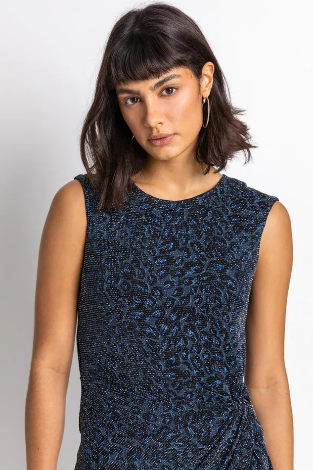 Women Navy Glitter Leopard Print Twist Midi Dress Roman Dresses