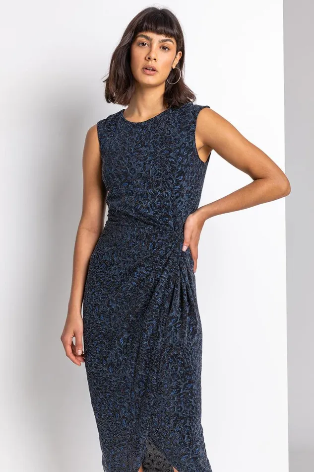 Women Navy Glitter Leopard Print Twist Midi Dress Roman Dresses