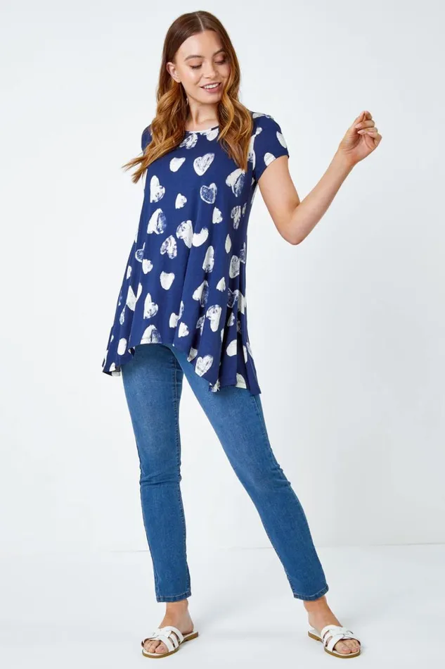 Women Navy Heart Print Hanky Hem Tunic Roman Tops
