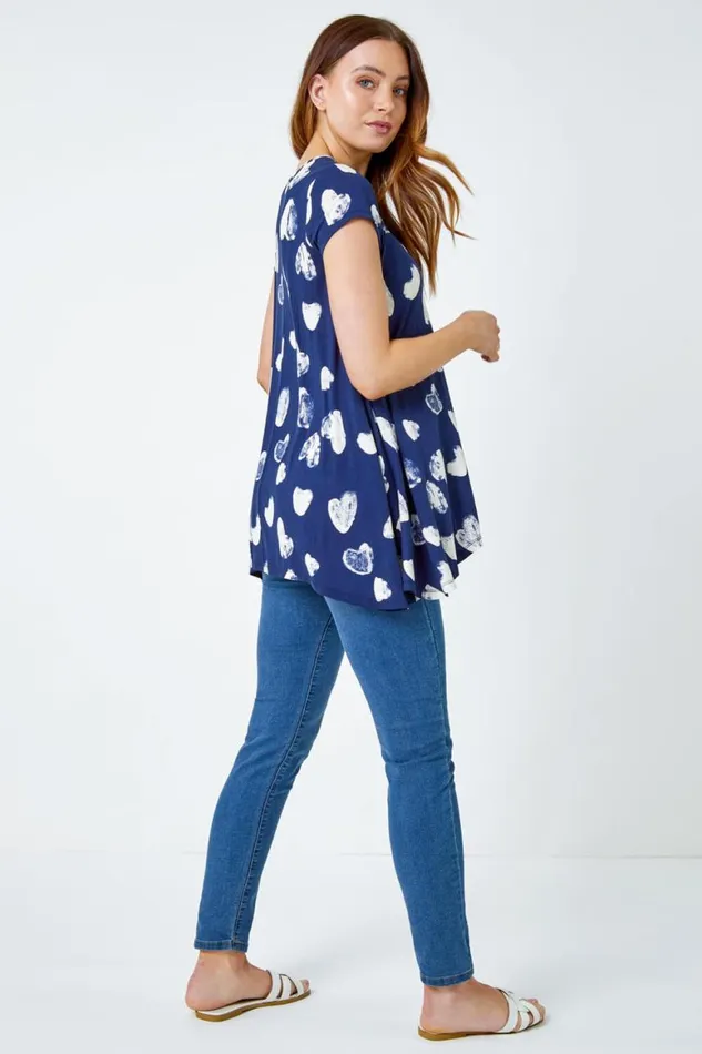 Women Navy Heart Print Hanky Hem Tunic Roman Tops