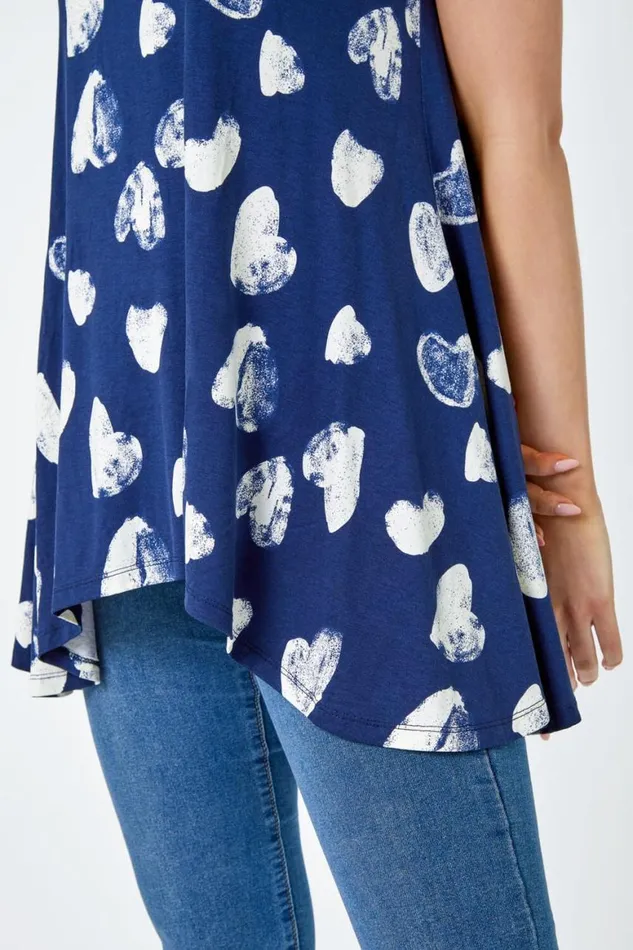 Women Navy Heart Print Hanky Hem Tunic Roman Tops
