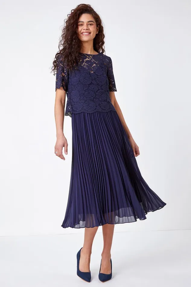 Women Navy Lace Top Overlay Pleated Midi Dress Roman Dresses