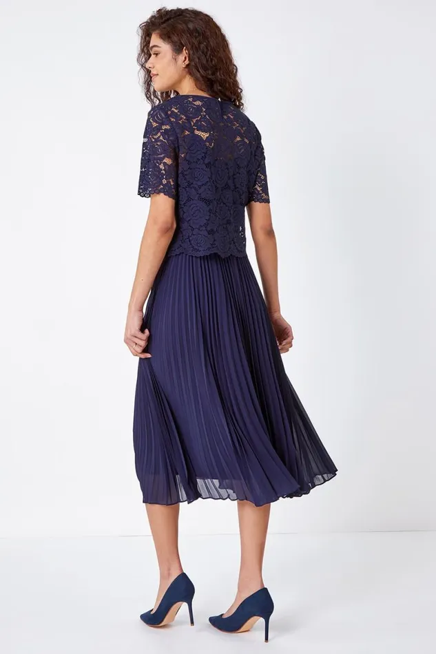 Women Navy Lace Top Overlay Pleated Midi Dress Roman Dresses
