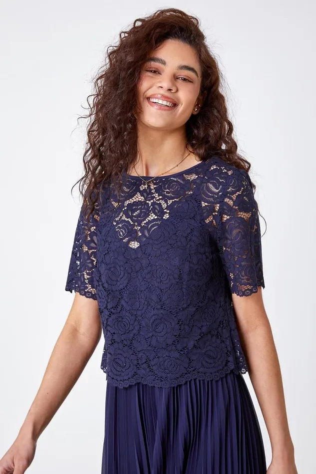 Women Navy Lace Top Overlay Pleated Midi Dress Roman Dresses
