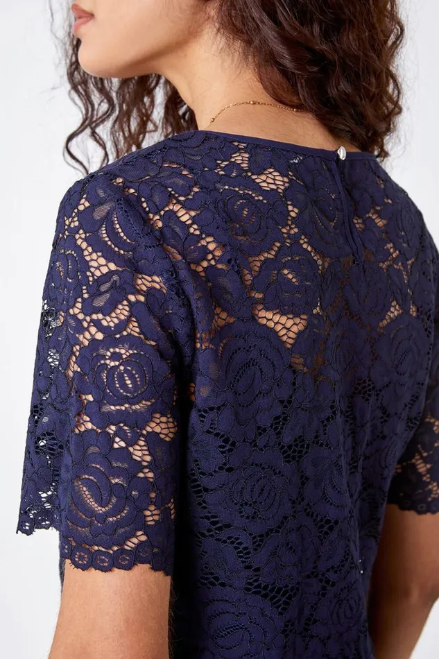 Women Navy Lace Top Overlay Pleated Midi Dress Roman Dresses