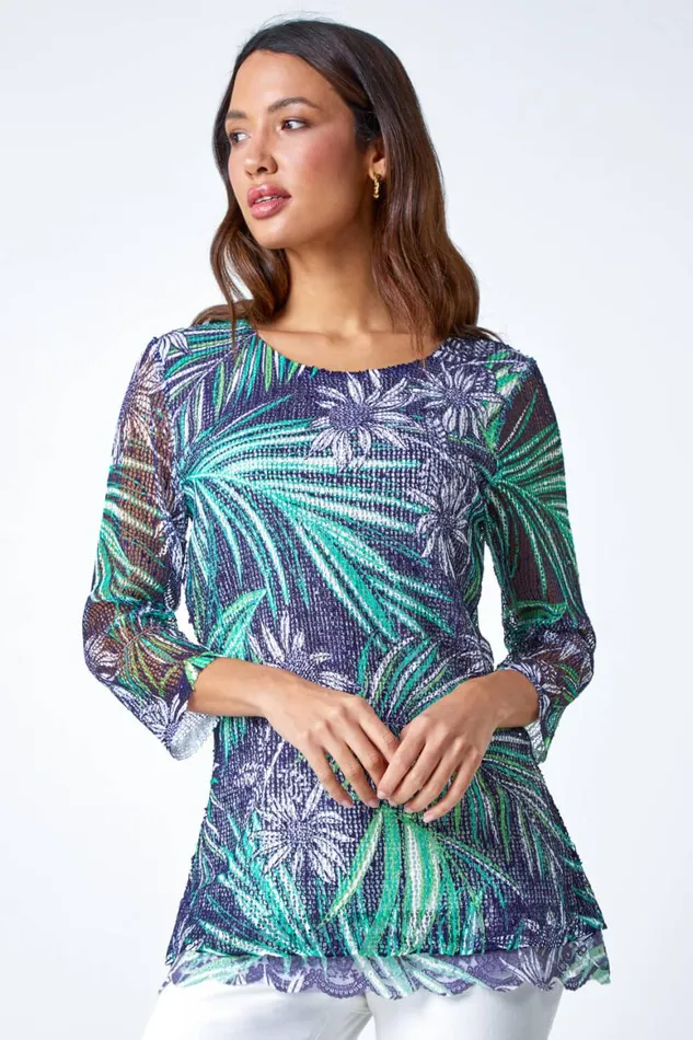 Women Navy Lace Trim Tropical Mesh Overlay Top Roman Tops