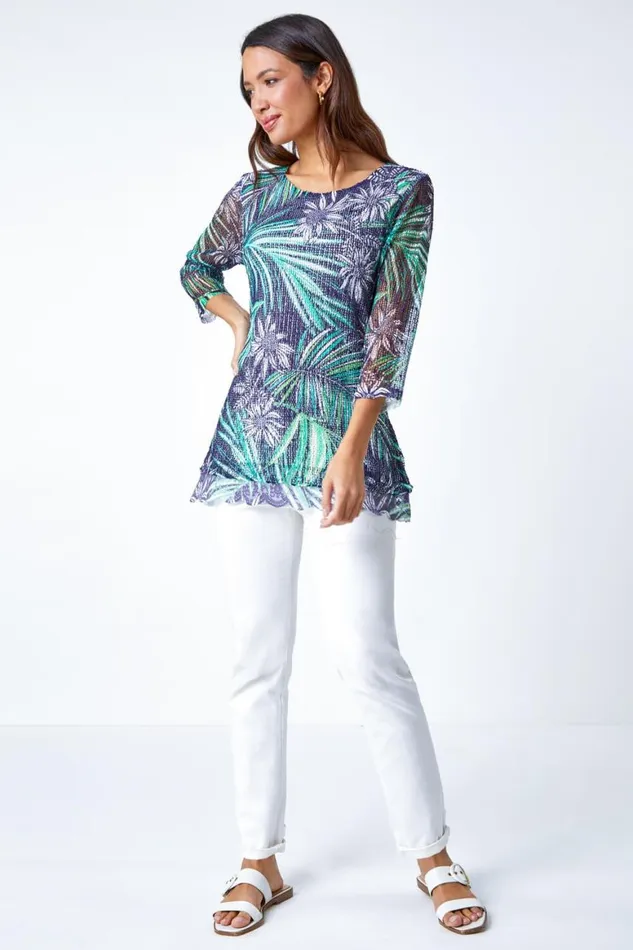 Women Navy Lace Trim Tropical Mesh Overlay Top Roman Tops
