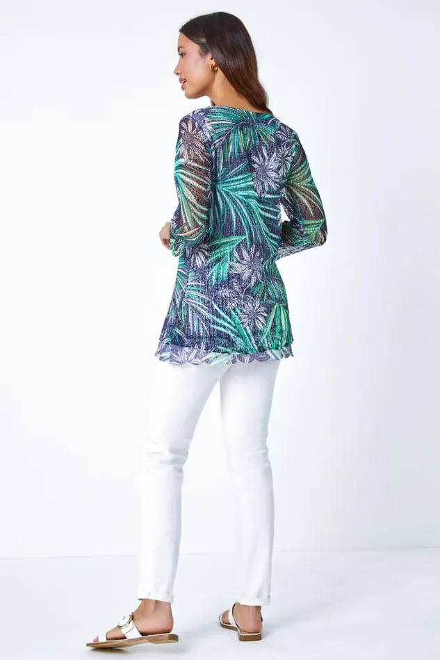 Women Navy Lace Trim Tropical Mesh Overlay Top Roman Tops