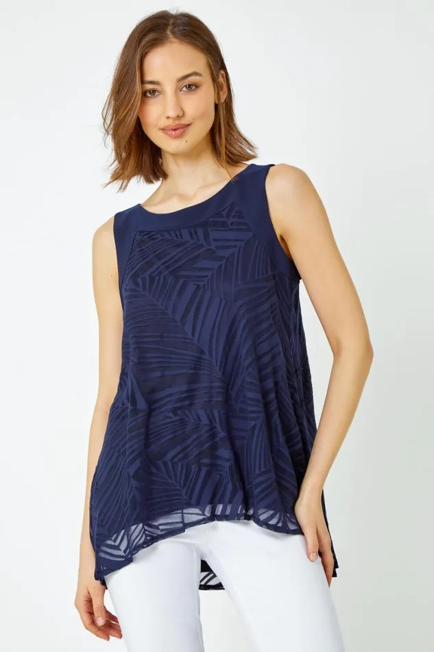 Women Navy Leaf Print Burnout Vest Top Roman Tops