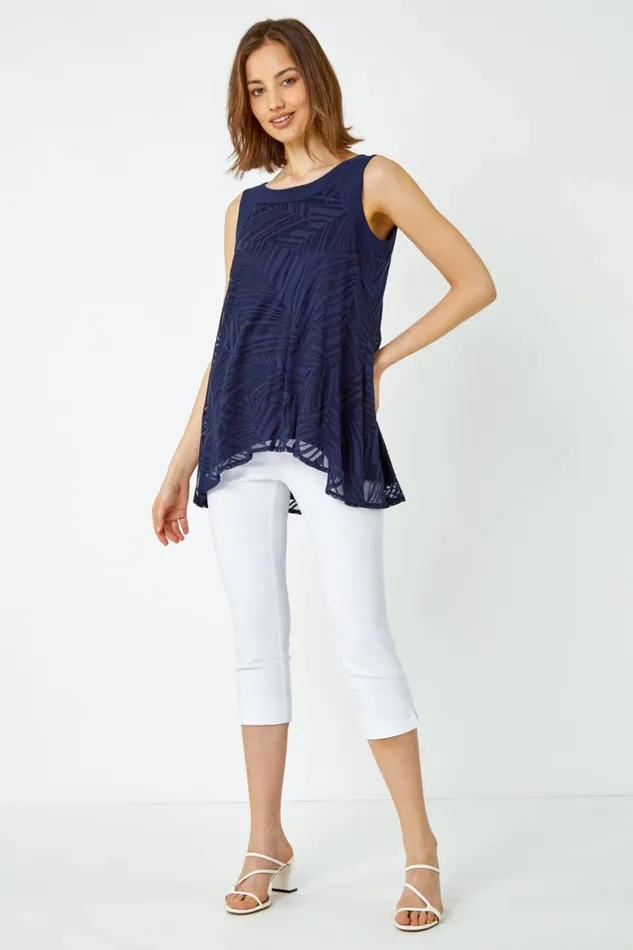 Women Navy Leaf Print Burnout Vest Top Roman Tops