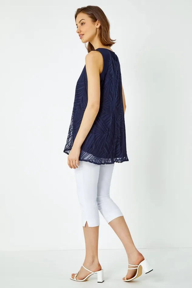 Women Navy Leaf Print Burnout Vest Top Roman Tops