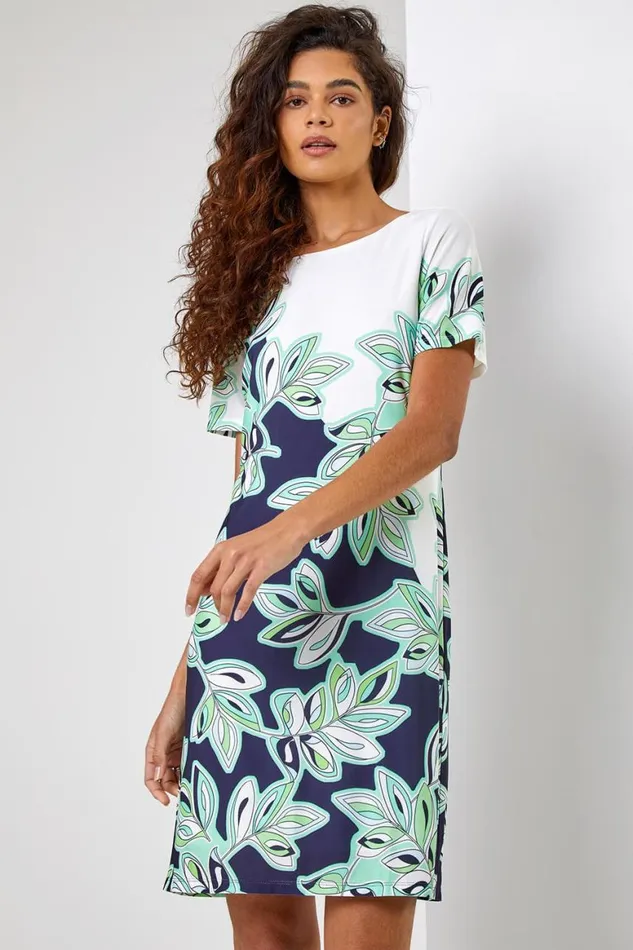 Women Navy Leaf Print Shift Dress Roman Dresses