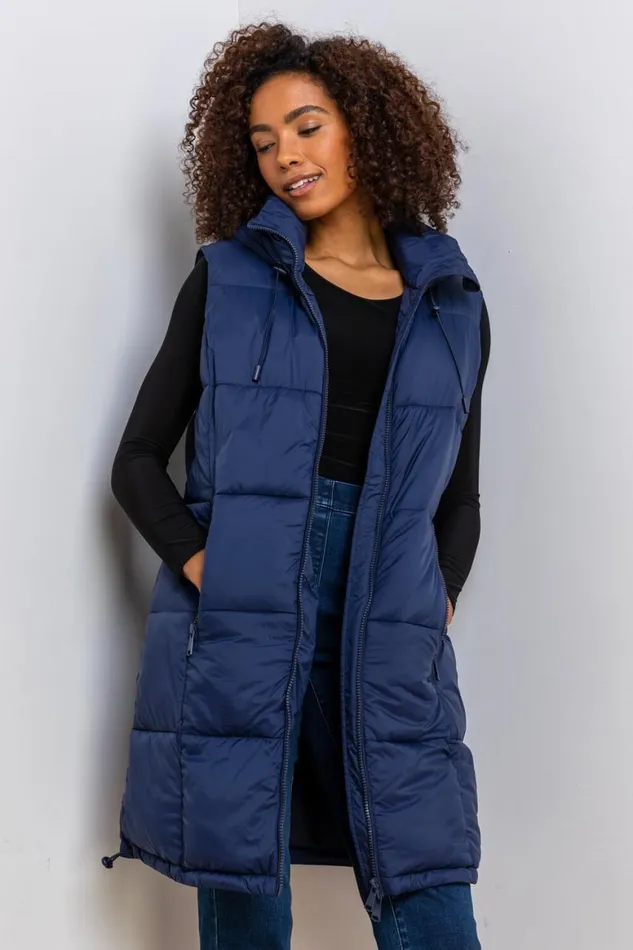 Women Navy Padded Longline Hooded Gilet Roman Jackets
