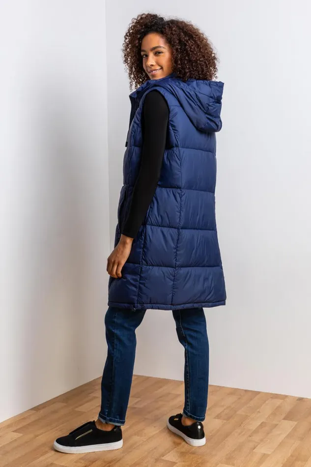 Women Navy Padded Longline Hooded Gilet Roman Jackets