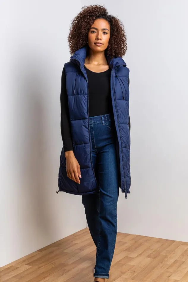 Women Navy Padded Longline Hooded Gilet Roman Jackets
