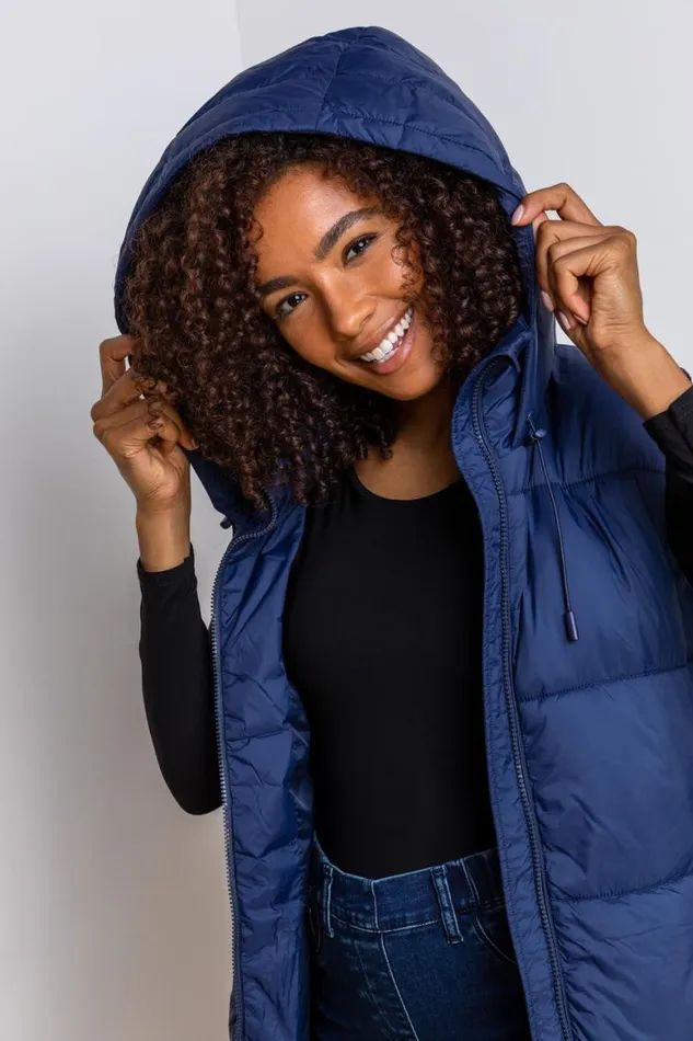 Women Navy Padded Longline Hooded Gilet Roman Jackets