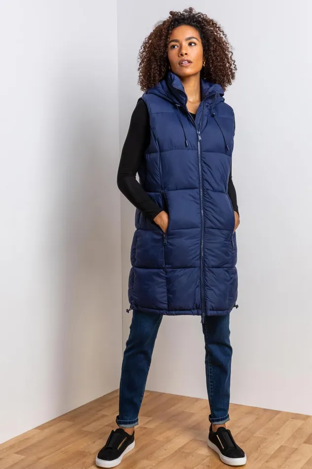 Women Navy Padded Longline Hooded Gilet Roman Jackets