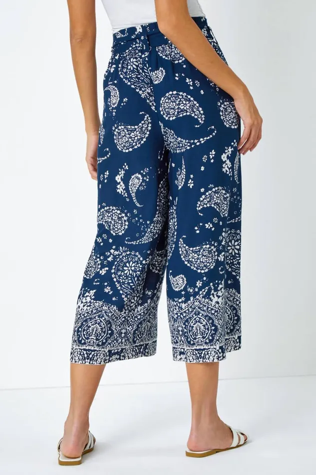 Women Navy Paisley Print Wide Leg Cropped Trousers Roman Trousers