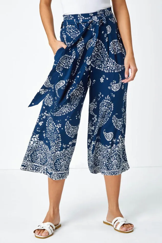 Women Navy Paisley Print Wide Leg Cropped Trousers Roman Trousers