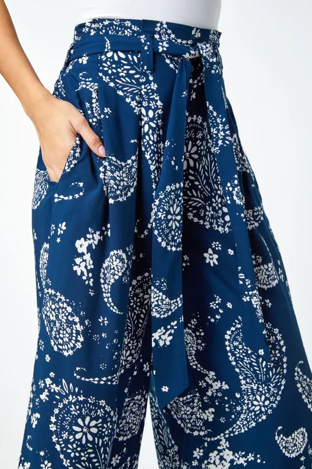 Women Navy Paisley Print Wide Leg Cropped Trousers Roman Trousers