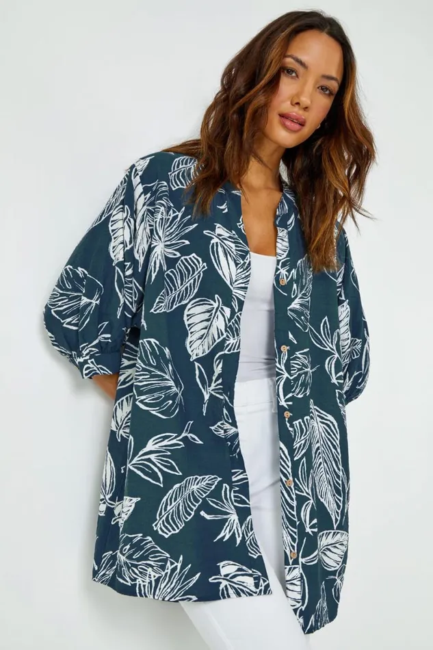 Women Navy Palm Print Longline Shirt Roman Tops