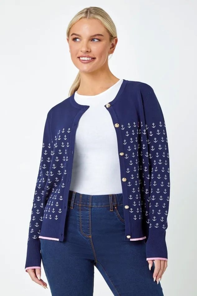 Women Navy Petite Anchor Embroidered Cardigan Roman Knitwear