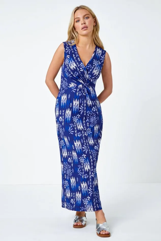Women Navy Petite Aztec Waist Detail Stretch Dress Roman Dresses