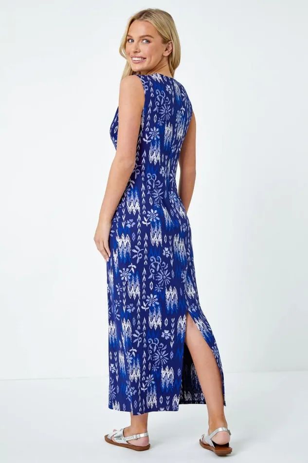 Women Navy Petite Aztec Waist Detail Stretch Dress Roman Dresses