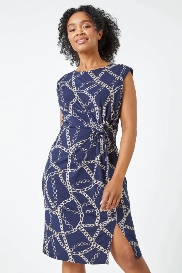 Women Navy Petite Chain Print Knot Detail Ruched Dress Roman Dresses