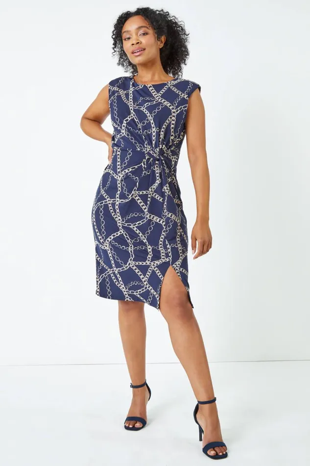 Women Navy Petite Chain Print Knot Detail Ruched Dress Roman Dresses