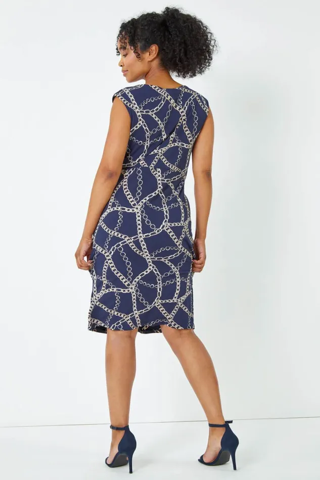 Women Navy Petite Chain Print Knot Detail Ruched Dress Roman Dresses