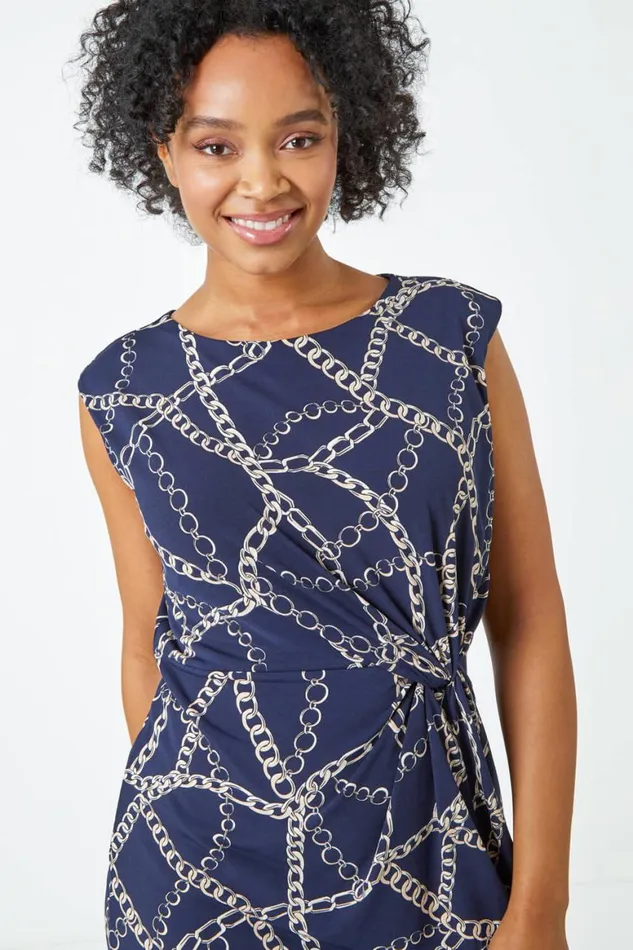 Women Navy Petite Chain Print Knot Detail Ruched Dress Roman Dresses
