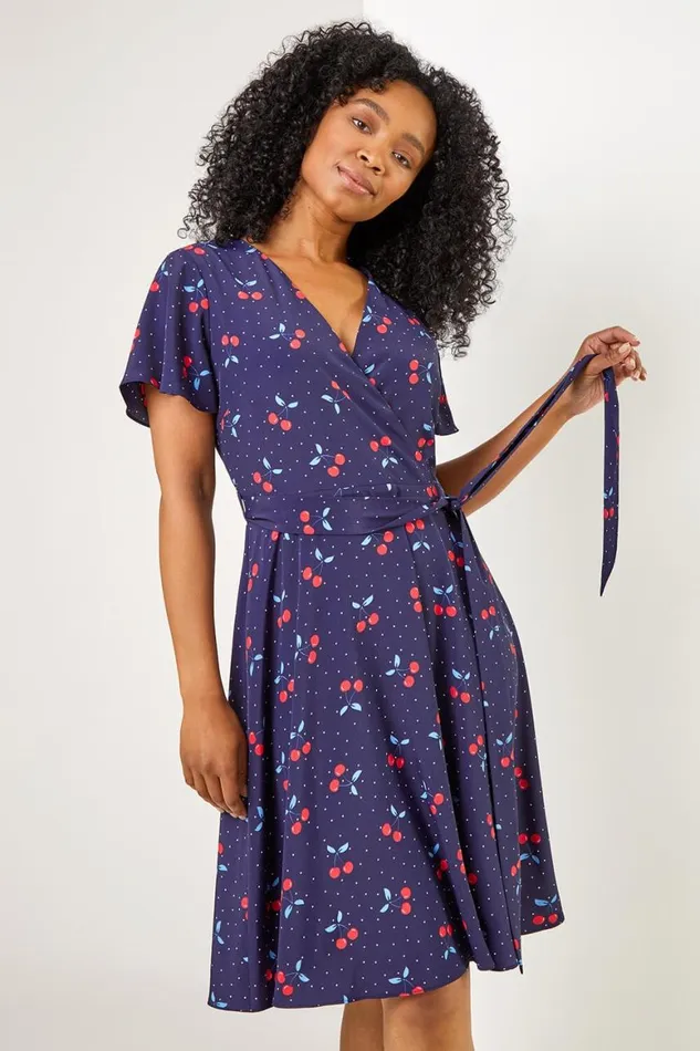 Women Navy Petite Cherry Spot Print Wrap Dress Roman Dresses