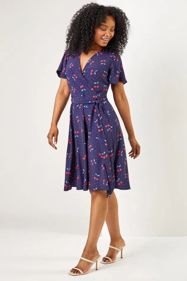 Women Navy Petite Cherry Spot Print Wrap Dress Roman Dresses