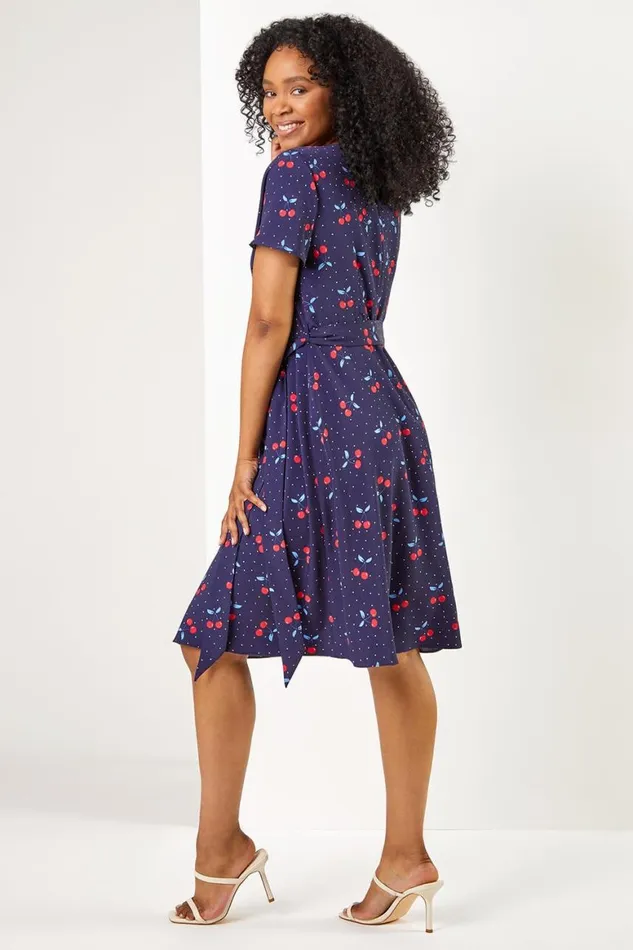 Women Navy Petite Cherry Spot Print Wrap Dress Roman Dresses