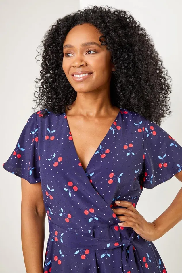 Women Navy Petite Cherry Spot Print Wrap Dress Roman Dresses