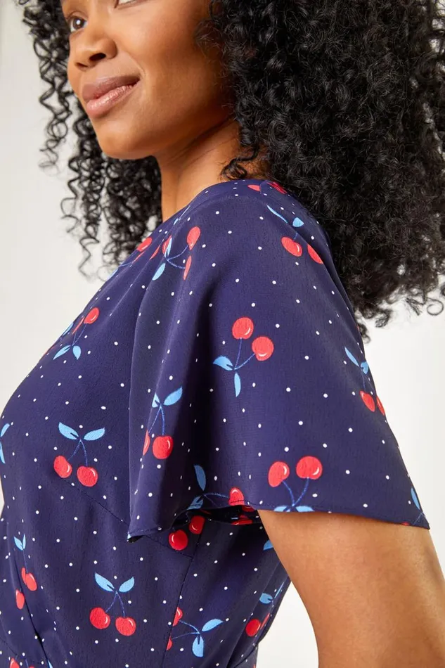 Women Navy Petite Cherry Spot Print Wrap Dress Roman Dresses
