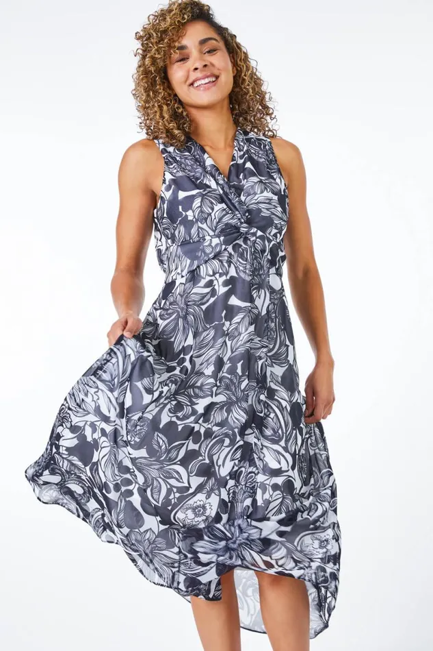 Women Navy Petite Contrast Floral Print Hanky Hem Dress Roman Dresses