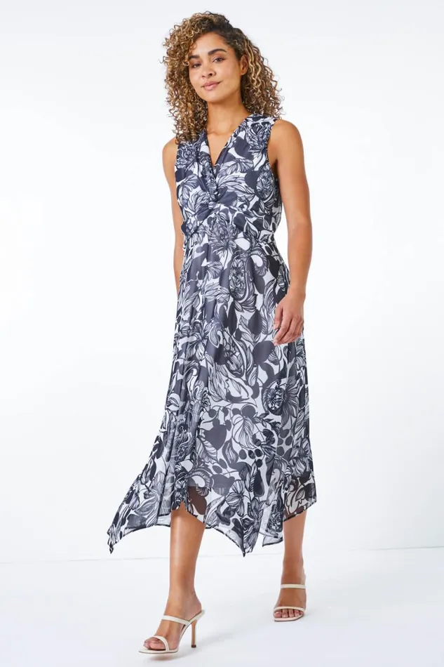 Women Navy Petite Contrast Floral Print Hanky Hem Dress Roman Dresses
