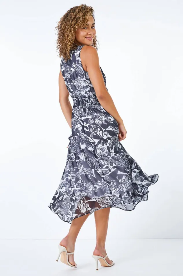 Women Navy Petite Contrast Floral Print Hanky Hem Dress Roman Dresses
