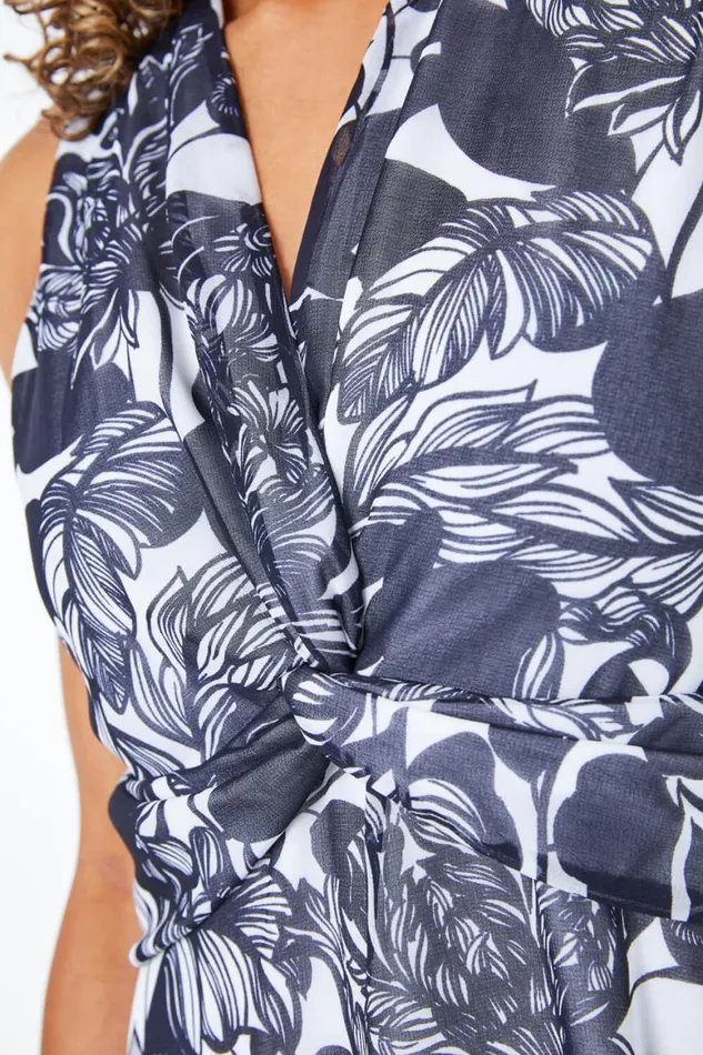 Women Navy Petite Contrast Floral Print Hanky Hem Dress Roman Dresses
