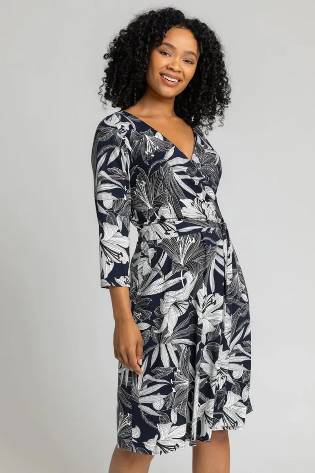 Women Navy Petite Floral Lily Print Belted Wrap Dress Roman Dresses